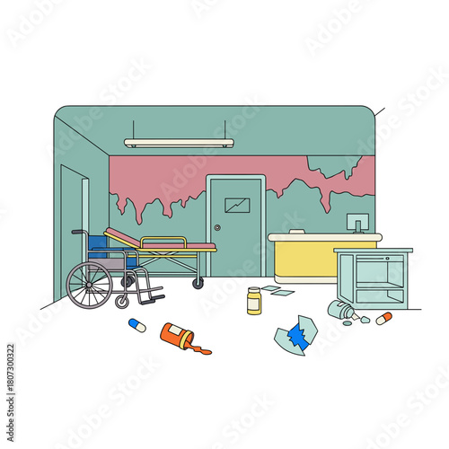 Abandoned clinic interior with wheelchair and scattered medical supplies  