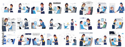 Flight attendants providing onboard service, including serving passengers food and beverages during an airplane journey, vector illustration set.