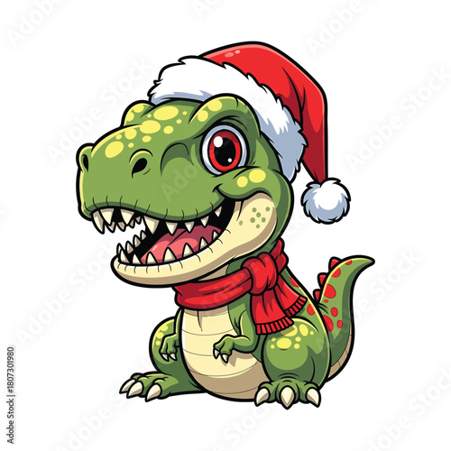 Cartoon dinosaur wearing a santa hat and scarf 