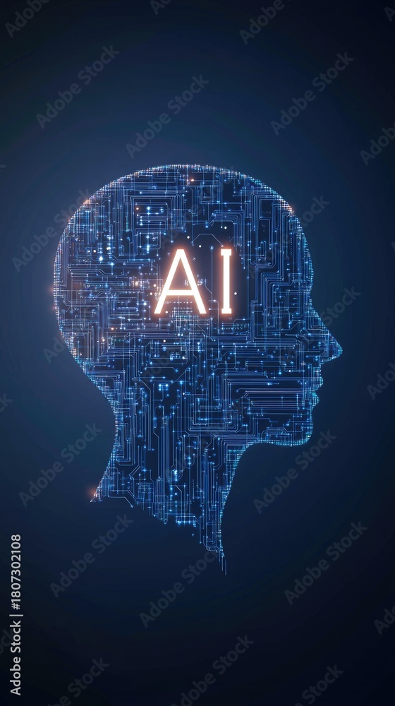 Obraz premium Exploring the future of technology through abstract human profiles and digital circuits on a vibrant blue canvas