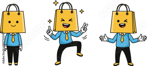 A set of three cartoon illustrations featuring a character in business attire with a yellow shopping bag replacing their head, showing different happy and expressive poses.