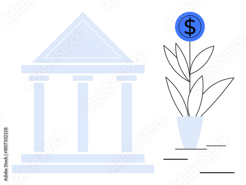 Bank building next to plant growing a dollar coin. Ideal for finance, investment, wealth, savings, banking, monetary growth, economy. Clean design simple flat metaphor