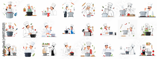 Collection of vector illustrations featuring professional male chefs tasting food, symbolizing culinary expertise, quality control, and recipe preparation.