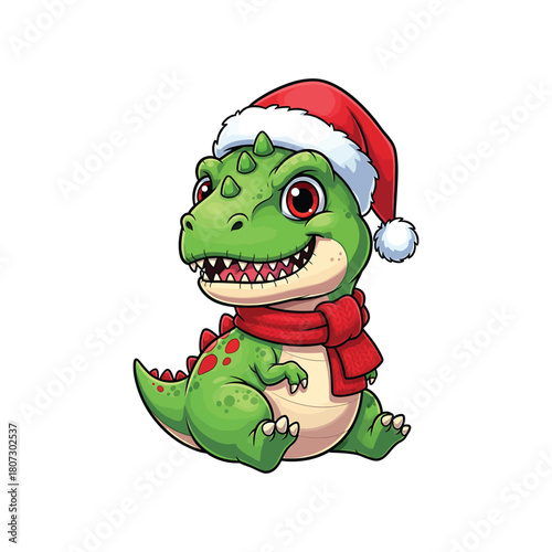 Cute cartoon dinosaur wearing santa hat and scarf 