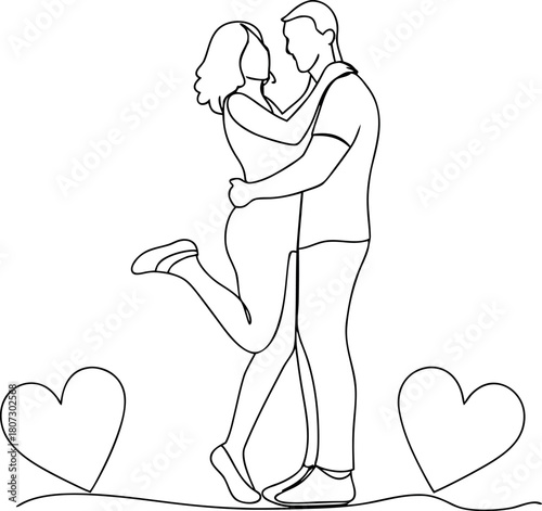 Continuous line drawing of hugging couple with hearts