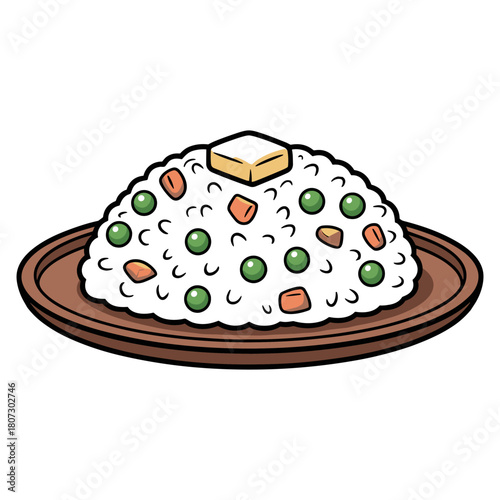 Delightful Fried Rice: A tempting serving of perfectly cooked fried rice, adorned with fresh vegetables and a delicate pat of butter, sits on a wooden plate, offering a simple pleasure.