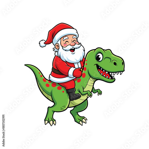 Santa claus riding a dinosaur cartoon isolated on illustration