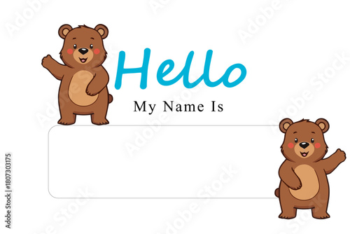 Cute Cartoon Bear Holding Food Items on a Name Tag Template for student school