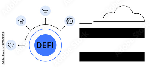 Circular DEFI node linking heart, house, shopping cart, gear icons with cloud graphic and bars symbolizing data. Ideal for blockchain, fintech, data management, cloud computing, innovation