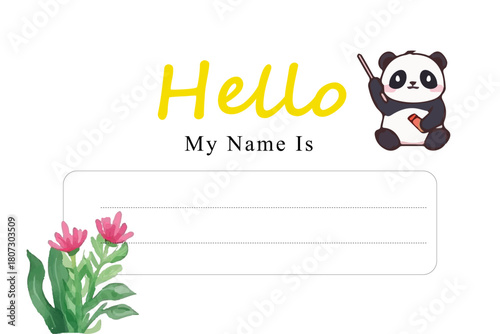 Cute Cartoon Bear Holding Food Items on a Name Tag Template for student school