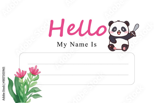 Cute Cartoon Bear Holding Food Items on a Name Tag Template for student school
