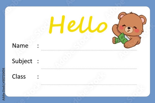 Cute Cartoon Bear Holding Food Items on a Name Tag Template for student school