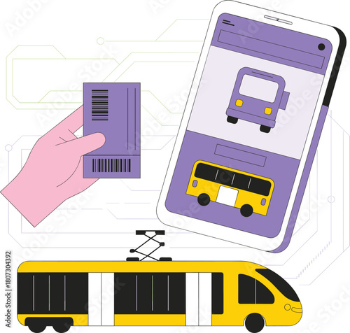 Digital ticketing system, public transport access, mobile interface, tram and smartphone, barcode validation, smart commuting, flat vector illustration