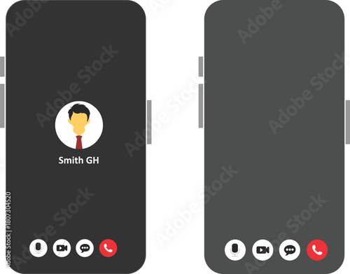Mobile video call application screen interface on a smartphone mockup; dark mode UI template with user profile and essential buttons for microphone, video camera, chat, and hang up