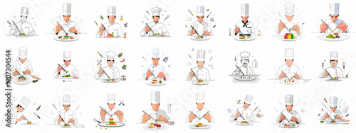 Professional chef plating food collection: illustrations emphasizing fine dining, gourmet garnish, culinary artistry, and restaurant presentation techniques.