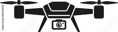 Black silhouette vector illustration of a quadcopter drone with camera, isolated aerial technology icon for surveillance and design on white background