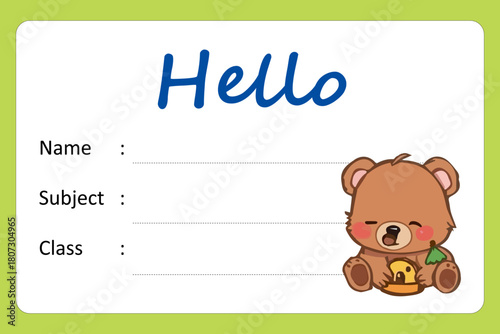 Cute Cartoon Bear Holding Food Items on a Name Tag Template for student school