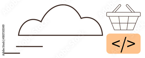 Cloud graphic with streaming lines, shopping basket, and coding tag for technology, e-commerce, development, programming, software, digital transformation connectivity. Clean and simple flat