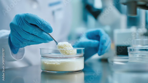 Laboratory technician in blue gloves preparing a sample of creamy substance in a glass jar on a lab counter