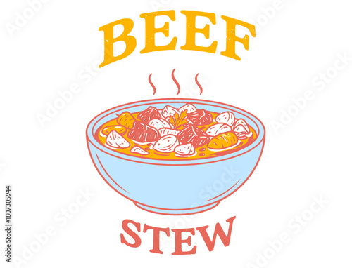 Vintage beef stew bowl illustration with typography. Retro comfort food vector design featuring hot soup, meat, and vegetables for menu or logo.