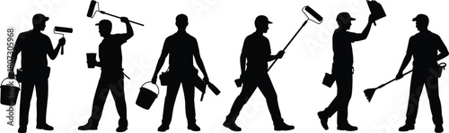 Construction and maintenance worker silhouettes holding tools, painter and laborer vector collection for repair, renovation, handyman services and industrial design projects