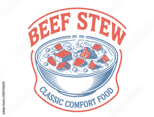 Vintage beef stew bowl illustration with typography. Retro comfort food vector design featuring hot soup, meat, and vegetables for menu or logo.