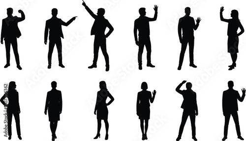 Business people silhouette collection featuring professional men and women in various poses, corporate worker vector set for office and presentation design
