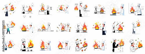 Dynamic vector artwork of a gourmet chef in a tuxedo tossing flaming food and spices from a frying pan.