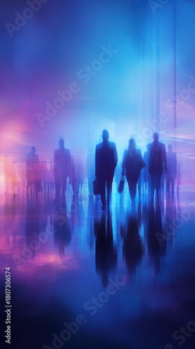 Silhouetted Figures in a Neon Blue Corridor Conveying Modern Business Pace and Urban Movement
