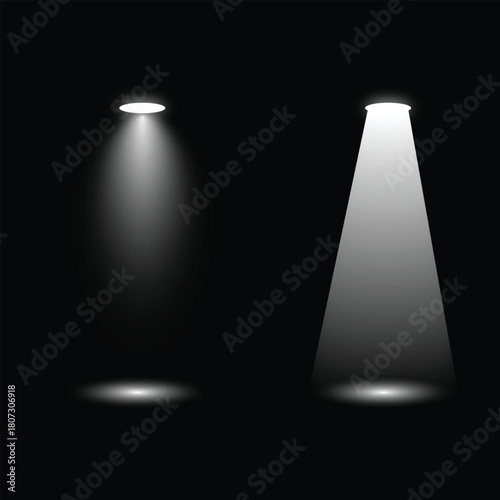 Realistic spotlight set with glowing dust particles on transparent png background and reflection on the floor for stage, studio, or theater light effects