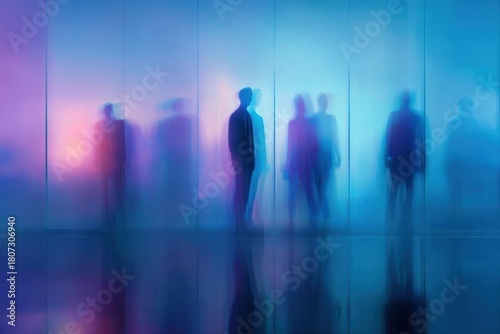 People in a Colorful Glass Corridor: Blurred Silhouettes and Reflections Create a Modern, Abstract Business Scene of Motion, Ambition, and Connectedness