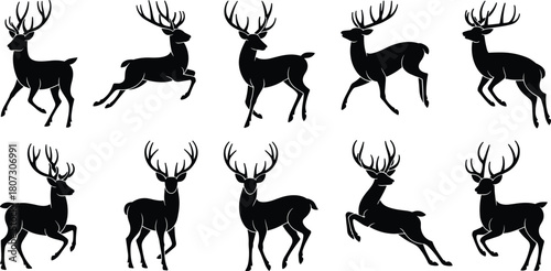Deer and stag silhouette collection with antlers, elegant wildlife vector illustrations showing running and standing deer poses for nature design projects