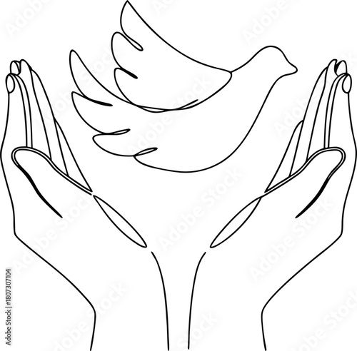 Dove flying from hands line art drawing