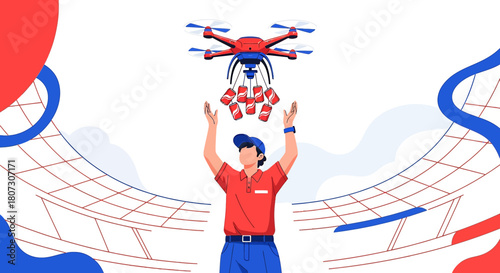 Drone delivery service bringing beverages to customer using aerial technology and advanced