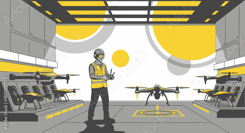 Drone maintenance technician in a high-tech hangar preparing unmanned aerial vehicles