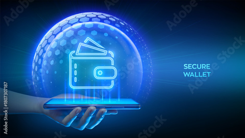 Secure digital wallet. Online payment via digital wallet in banking application using a smartphone. Wallet icon inside transparent protection sphere shield with hexagon pattern. Vector Illustration.