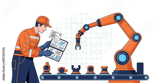 Engineer configuring automated production line with robotic arm for manufacturing assembly