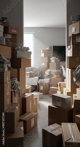 Many cardboard box in a messy room. Moving day chaos with packed boxes showing relocation and unorganization concept. Moving or storage service image.