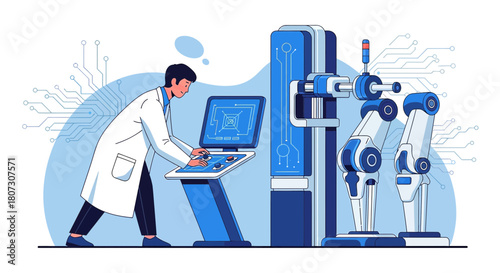 Engineer operating robotic system with advanced interface in a futuristic laboratory setting