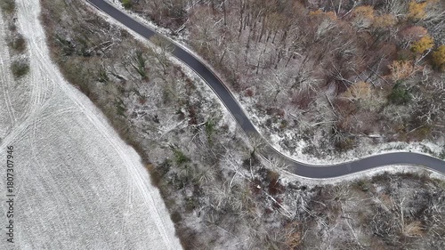 Winding Road Through Snow-Dusted Autumn Forest
