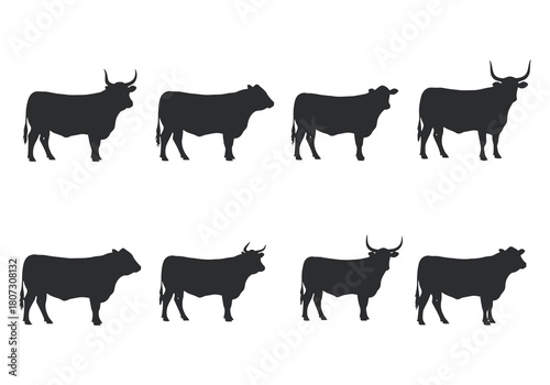 A collection of silhouetted cows in varying poses and arrangements