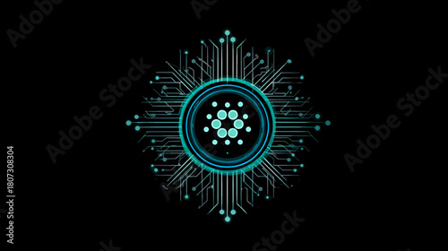 Futuristic digital network symbol with glowing lines, representing blockchain and decentralized technology on a dark background.