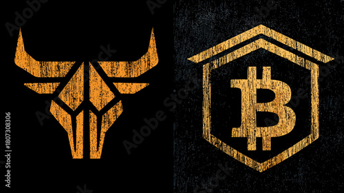Golden geometric bull market icon with digital currency symbol on a dark textured background, representing crypto investment and finance.