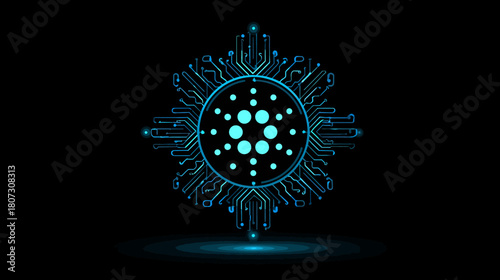 Abstract blue glowing digital currency symbol with futuristic circuit board network on dark background, illustrating blockchain technology.