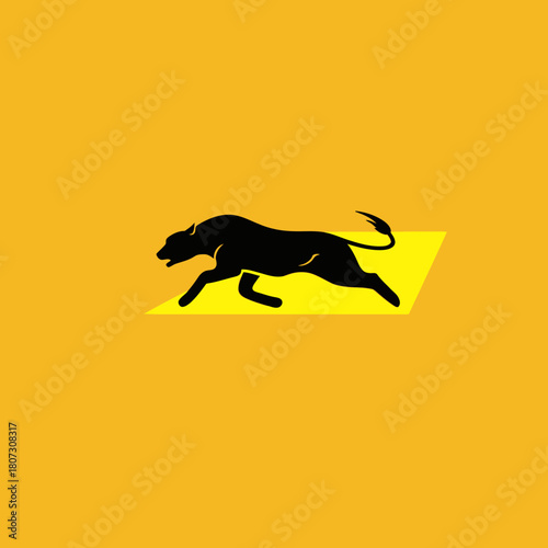 Dynamic black wild cat silhouette illustration running on a vibrant yellow background, symbolizing speed, power, and agility.