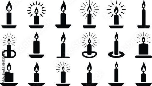 Set of candle icons, burning candle silhouettes, flame symbols, wax light illustrations, spiritual glowing graphics, minimalist candle designs for decoration and ceremony
