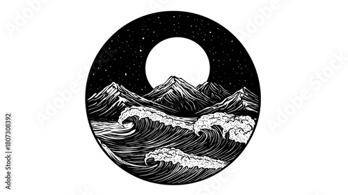 Hand-drawn woodcut style illustration of ocean waves crashing against mountains under a starry night sky with a full moon in a circular design.