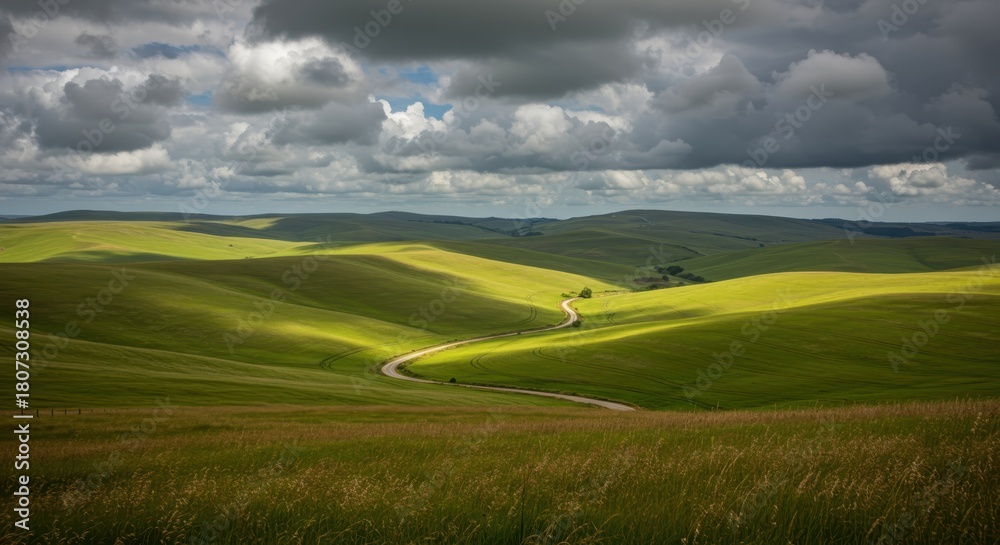 Fototapeta premium Winding country road carves through dramatic sunlit green rolling hills beneath a moody sky