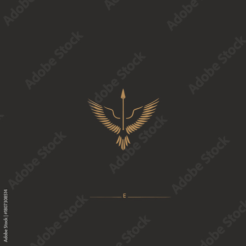 Ornate Golden Bird Wings with Arrow and Bow Emblem. Elegant Vintage Heraldic Design on Dark Background. Luxury Symbol.