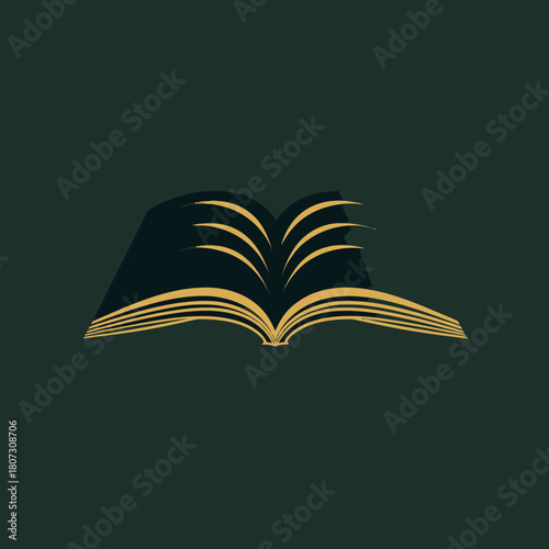 Elegant open book graphic with fanned golden pages on a dark green background, symbolizing education, reading, knowledge, and wisdom.